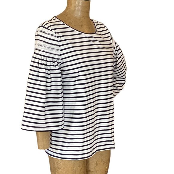 Chico's Breton Stripe Knit Top Sz 2 (L/12) Smock Shoulder Bell-Flare Sleeve 296H - Picture 5 of 12
